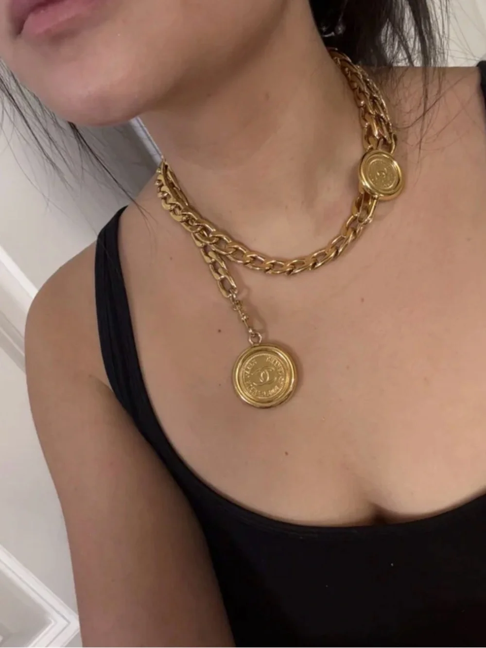 CHANEL Gold Coin Link Chain Belt with Double CC Medallions